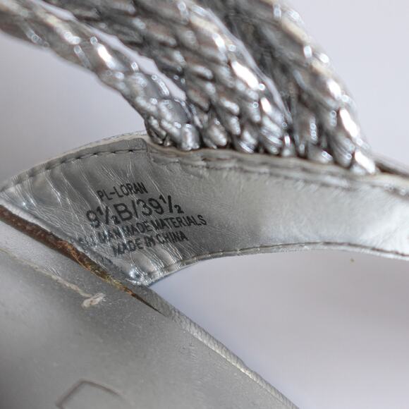 BCBG Paris Metallic Silver Faux Leather Woven Rope Strappy Cork Open Toe Wedges - Picture 15 of 15